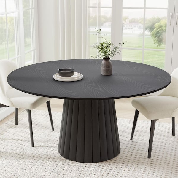 Cone Black Colored Wood 60" Column Base Wide Strip Straight Edge Dining Table for 8