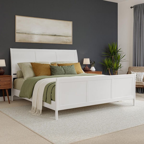 AFI Valencia White Solid Wood Frame King Low Profile Sleigh Platform Bed with Matching Footboard