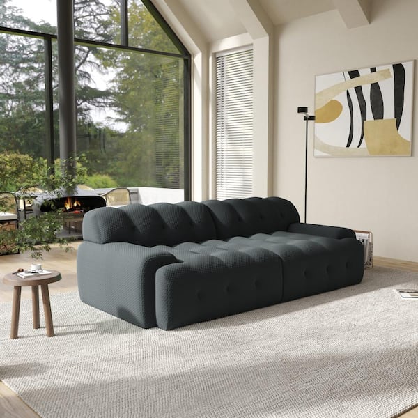 J&E Home 86.6 in Wide Square Arm Knit Fabric Rectangle Waffle Sofa in. Black