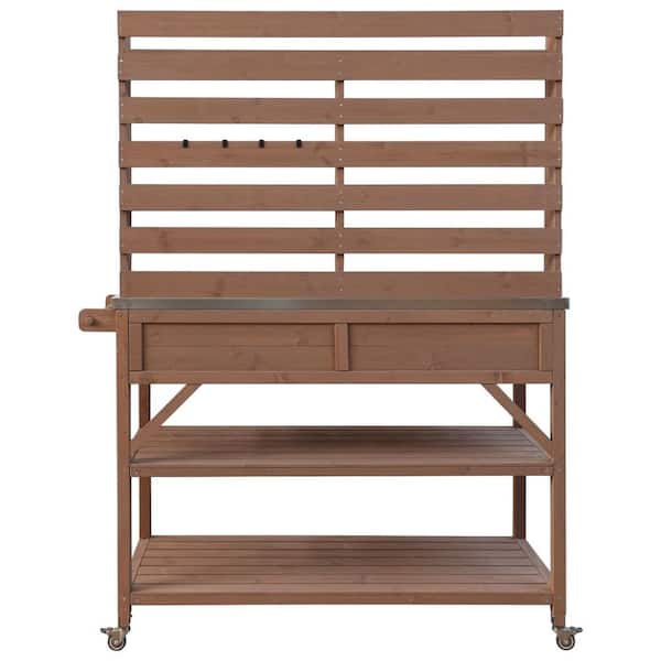 Brown Wood Outdoor Potting Bench Table with Lockable Wheels, Kitchen Island with Upper Hutch, Stainless Steel Top