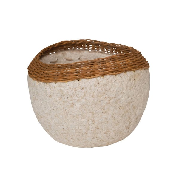 Storied Home Decorative Handmade Paper Mache Bowl with Wicker Rim, White and Natural