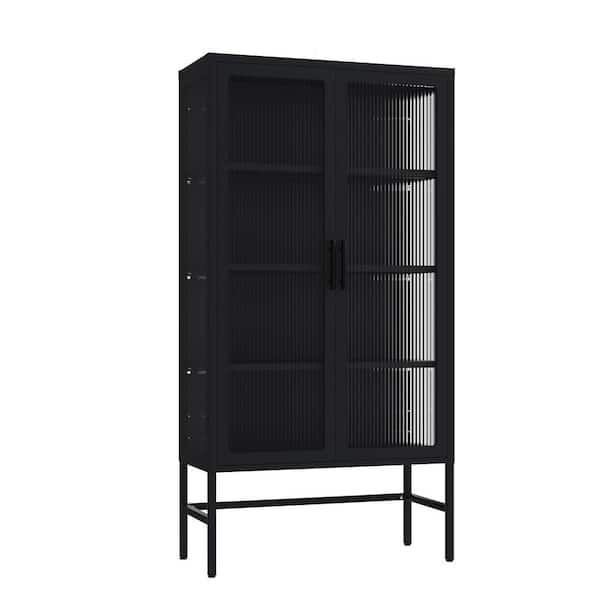 Unbranded 31.50 in. W x 12.60 in. D x 61.02 in. H Black Double Glass Door Linen Cabinet with Adjustable Shelves and Feet