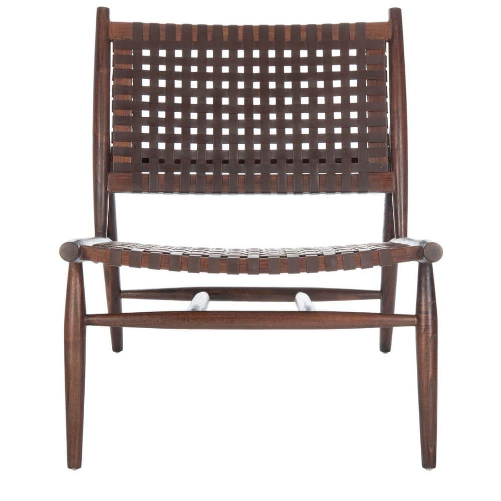 Transitional Brown Leather and Sungkai Wood Armless Accent Chair