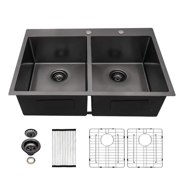 33 in. Drop-in/Topmount 50/50 Double Bowl 16-Gauge Gunmetal Black Stainless Steel Kitchen Sink with Bottom Grid
