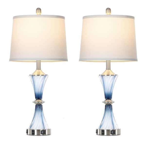 Spiral Glass 28 in. Blue Non-Dimmable Living Room Table Lamp Set with AC Socket and USB Port (Set of 2)