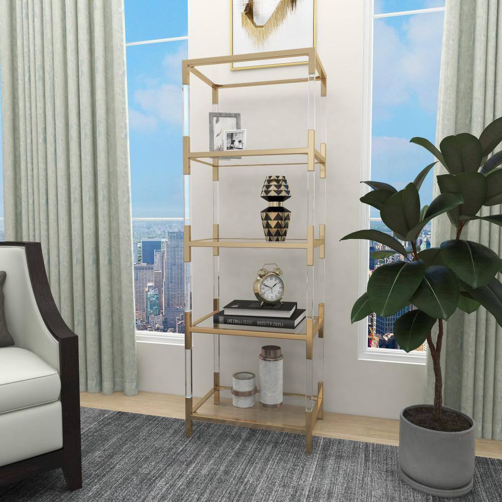 Gold and Clear Glass 5-Tier Shelving Unit with Acrylic Legs