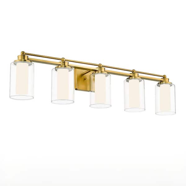 Modern 37.4 in. 5 Light Brushed Gold 30W 5CCT LED Vanity Light with Frosted Acrylic Shade
