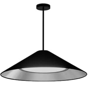 Padme 1-Light Matte Black Shaded Integrated LED Pendant Light with Black/Silver Fabric Shade
