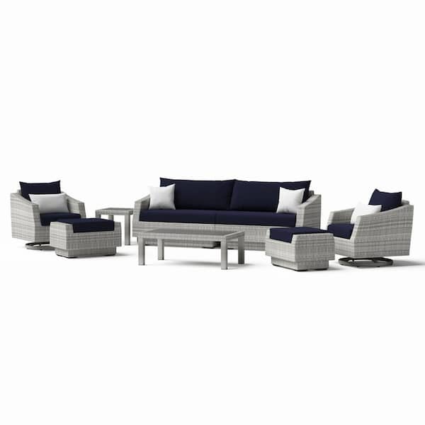 Cannes 8-Piece Wicker Motion Patio Conversation Deep Seating Set with Sunbrella Navy Blue Cushions
