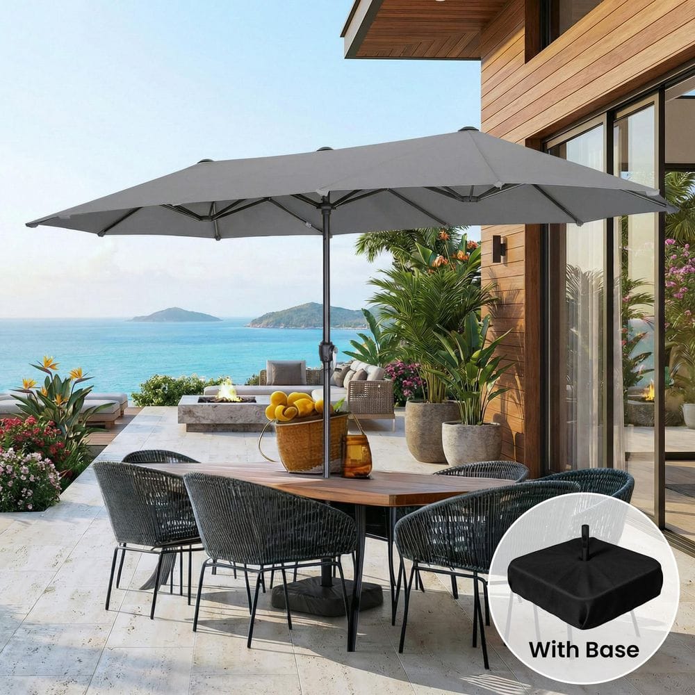 big patio umbrella with base Bigroof 15ft Double-Sided Twin Extra Large Umbrella Crank Handle & Umbrella Beige charging solar panels and 36 LED lights PHI VILLA 15ft Large Outdoor