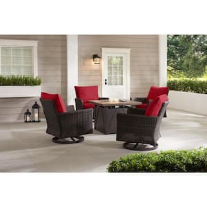 Lakeline 5-Piece Brown Metal Outdoor Patio Fire Pit Swivel Seating Set with CushionGuard Chili Red Cushions