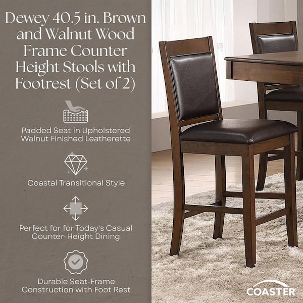 Dewey 40.5 in. Brown and Walnut Wood Frame Counter Height Stools with Footrest (Set of 2)