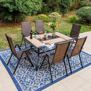Black 7-Piece Metal Geometric Rectangle Table Patio Outdoor Dining Set with Folding Reclining Rattan Chairs