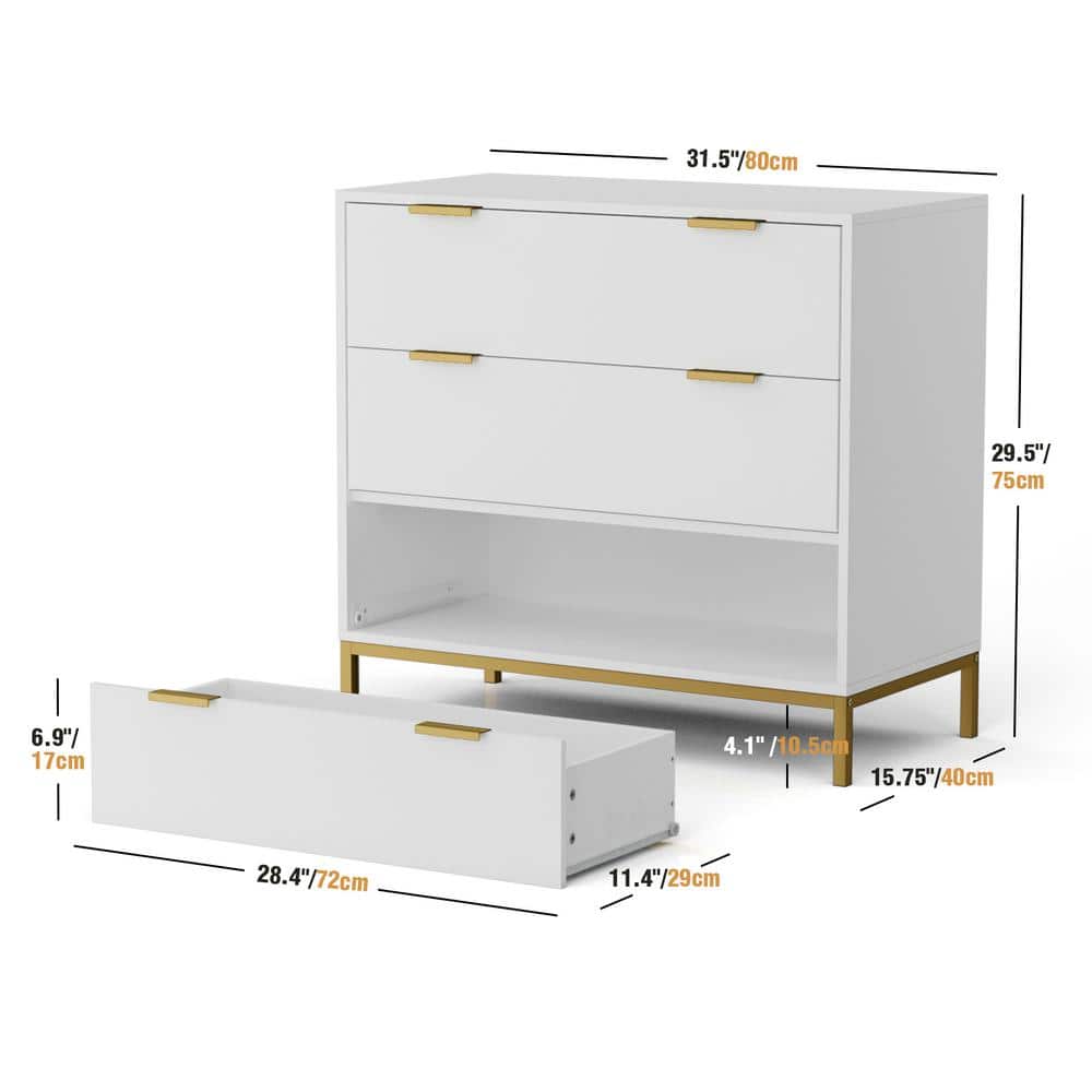 White MDF 3-Drawer Chest with Gold Accents