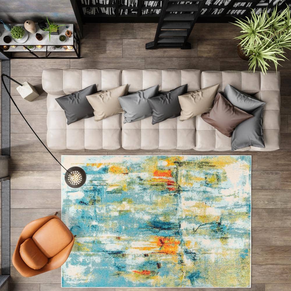 Abstract Blue and Yellow Synthetic Area Rug