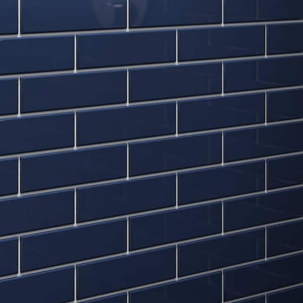 2 in. x 8 in. Deep Blue Gloss Glass Subway Tile Sample