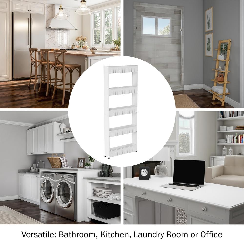 Slim White 5-Tier Slide Out Storage Tower with Wheels