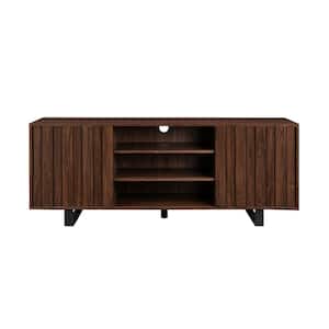 60 in. Dark Walnut Wood and Metal Modern Striped TV Stand with 2-Doors for TVs Up to 65 in.
