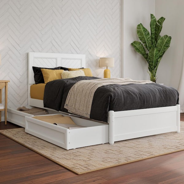 AFI Clayton White Solid Wood Frame Twin XL Platform Bed with Panel Footboard and Storage Drawers