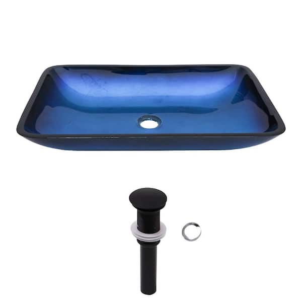 22 in. Turquoise Blue Tempered Glass Rectangular Bathroom Vessel Sink with Black Drain