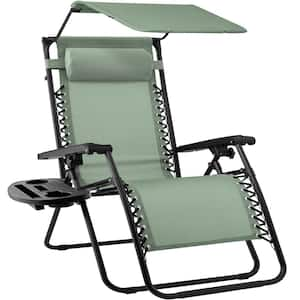 Zero Gravity Folding Reclining Sage Green Fabric Outdoor Lawn Chair with Canopy Shade, Headrest Tray