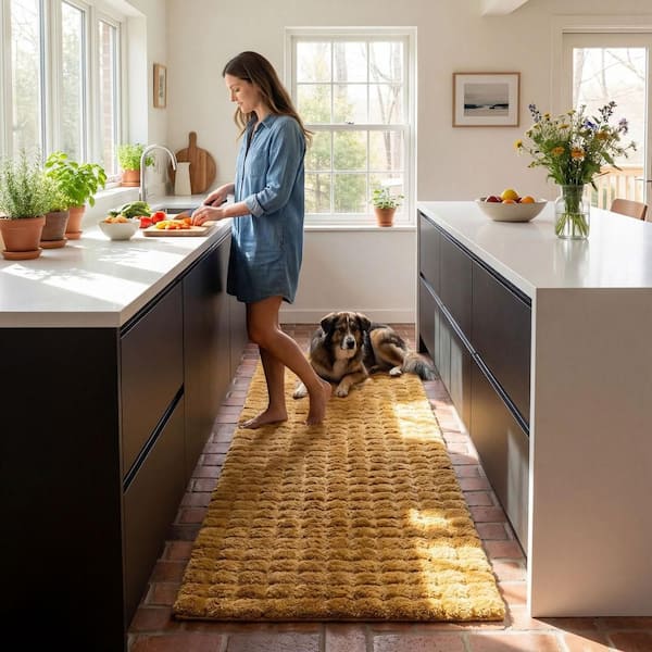 Jeni SuperiorWash Solid Faux Rabbit Machine Washable Area Gold 3 ft. x 8 ft. Indoor Runner Rug