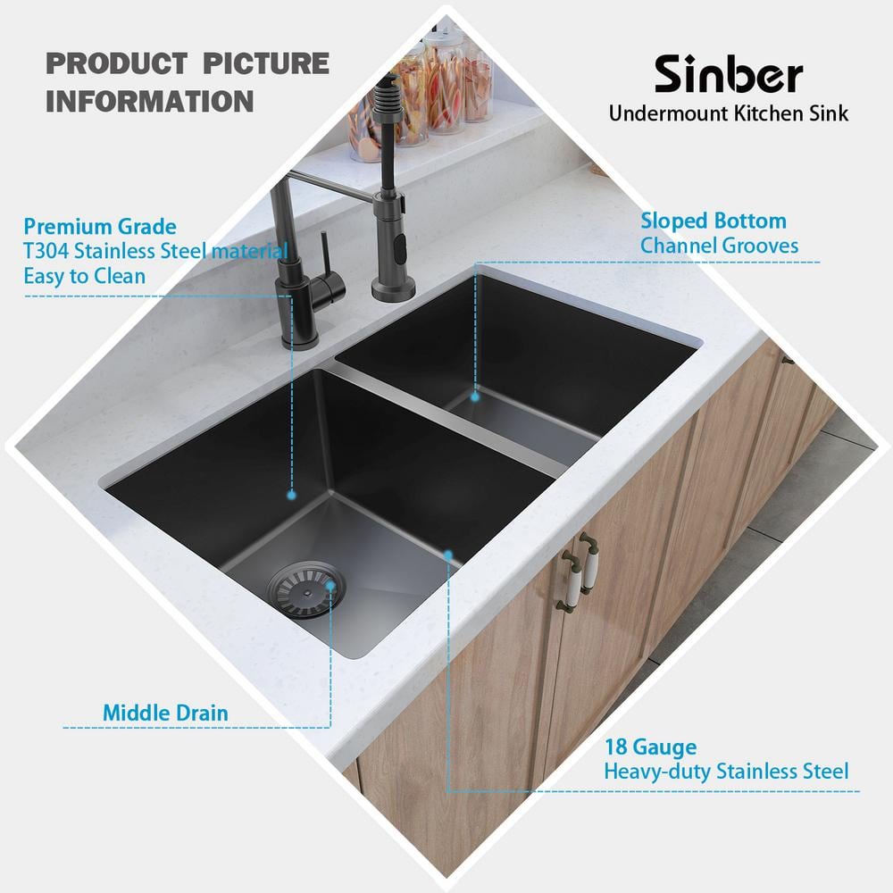 Sinber 32" Black Stainless Steel Double Bowl Undermount Kitchen Sink