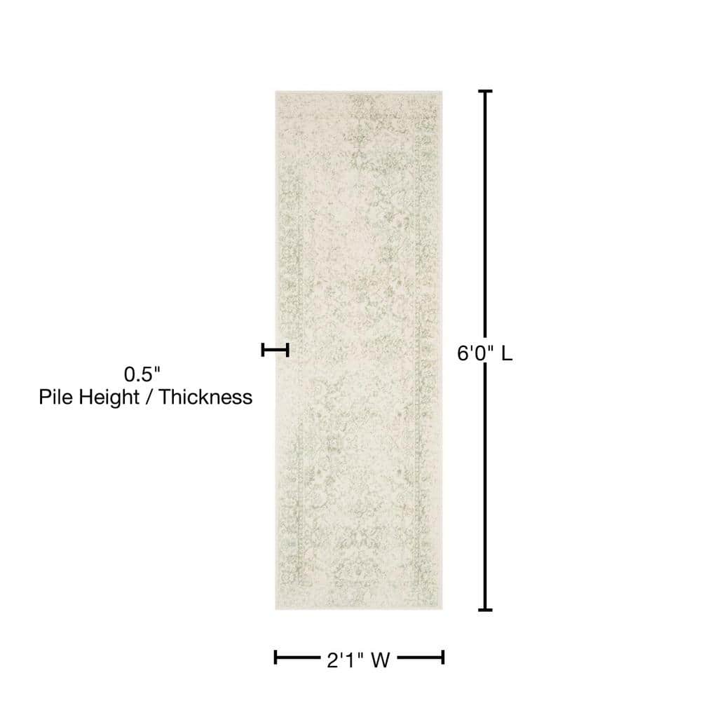Ivory and Sage Oriental Distressed Runner Rug - Easy Care, 2'1" x 6'