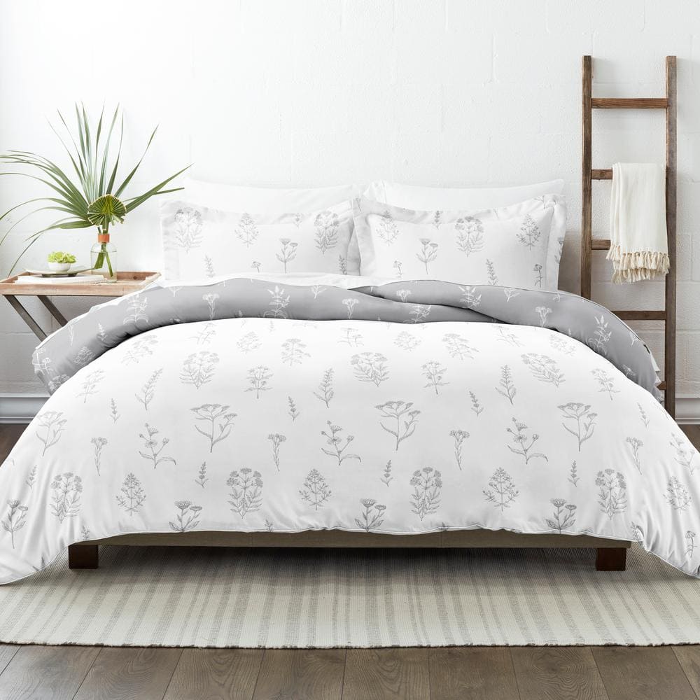Light Gray Floral Microfiber Full/Queen Duvet Cover Set