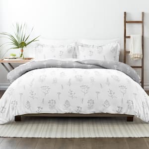 Light Gray Botany Floral Print 3-Piece Reversible Twin/Twin Extra Long Duvet Cover Set
