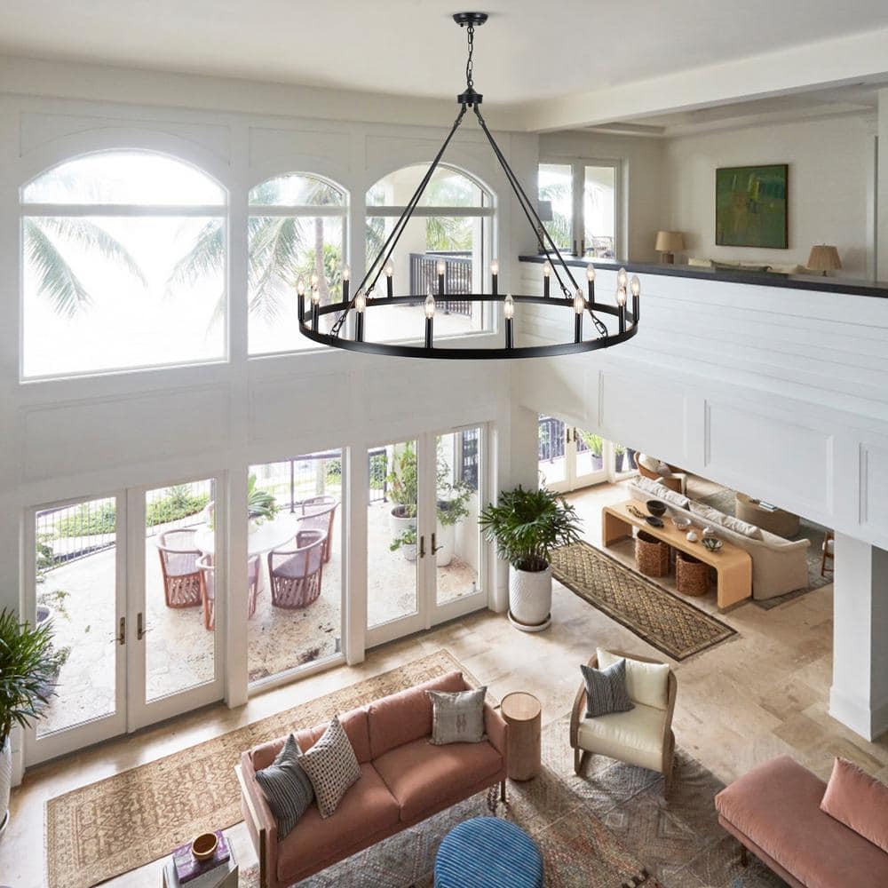 Matte Black 47-Inch Metal Candle Wagon Wheel Chandelier