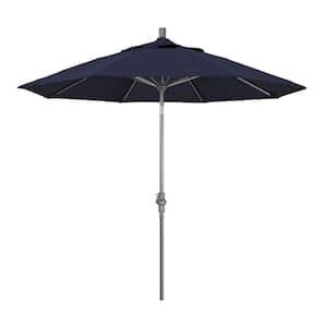 9 ft. Hammertone Grey Aluminum Market Patio Umbrella with Collar Tilt Crank Lift in Navy Olefin