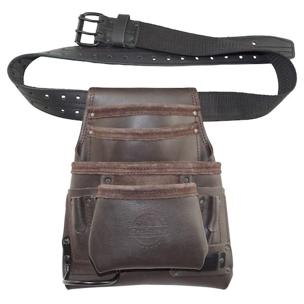 10-Pocket Oil Tanned Leather Nail and Tool Pouch with Belt