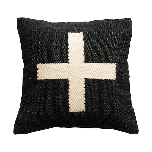 Storied Home Black and Cream Color Wool Blend Pillow with Swiss Cross
