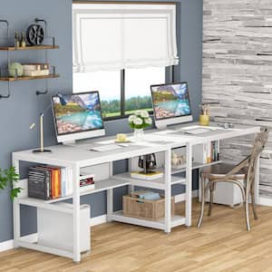 Cassey 78.7 in. Retangular White Wood and Metal Computer Desk Double Desk for 2 Person with Shelf