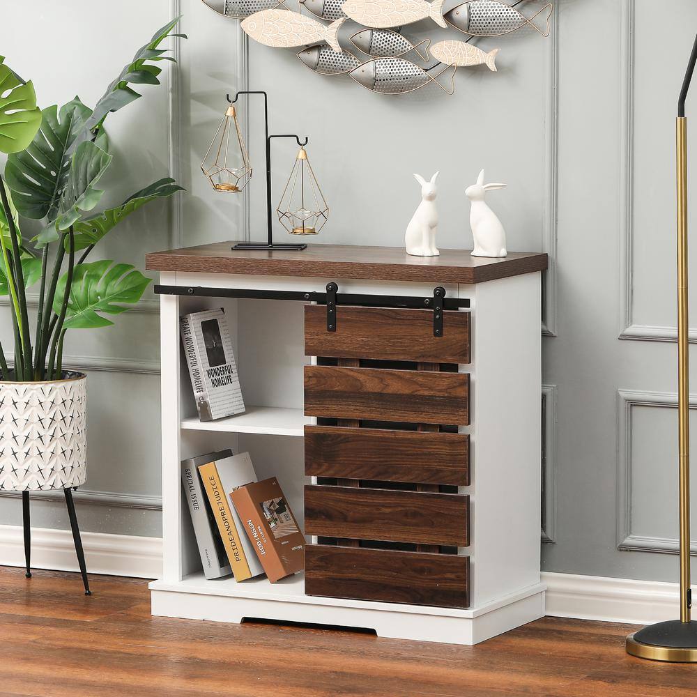 White and Dark Brown Wood Sliding Door Storage Cabinet