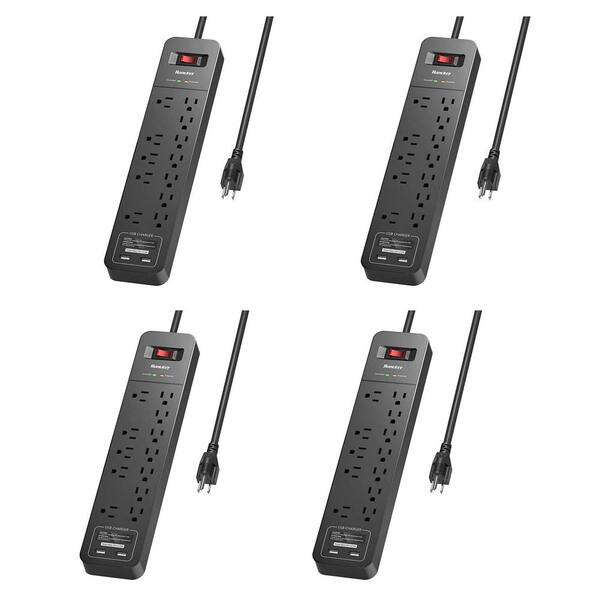 Huntkey Power Strip Surge Protector with 12 AC Sockets and 2 USB Charging Ports in Black (4-Pack)