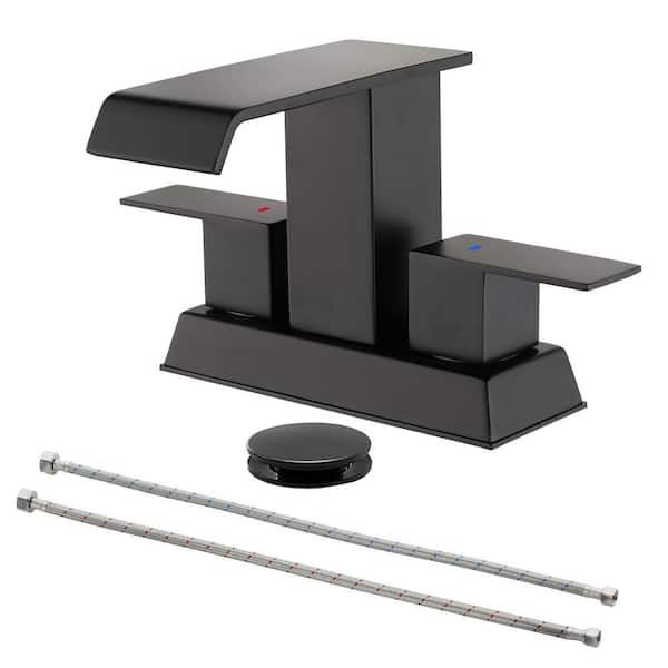 4 in. Centerset Double Handle Bathroom Faucet with Drain Kit Included, Wide Waterfall Spout Faucet in Matte Black