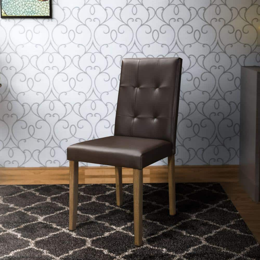 Espresso High-Back Tufted Side Chair in Faux Leather
