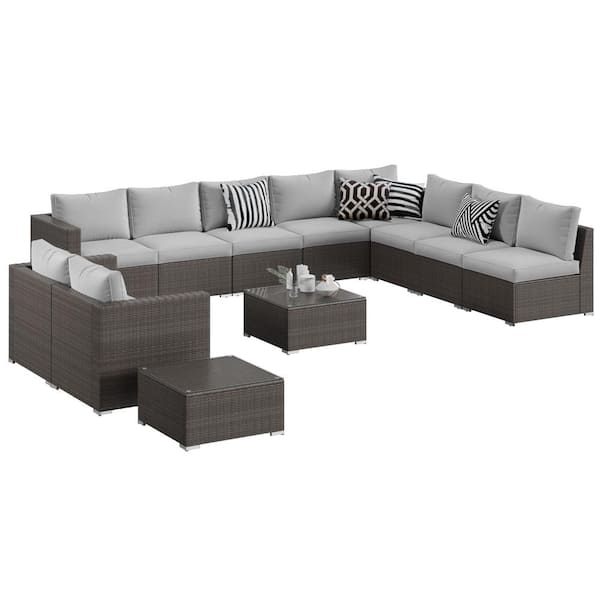 SUNVIVI 12-Pieces Gray Wicker Outdoor Sectional Set with Gray Cushion