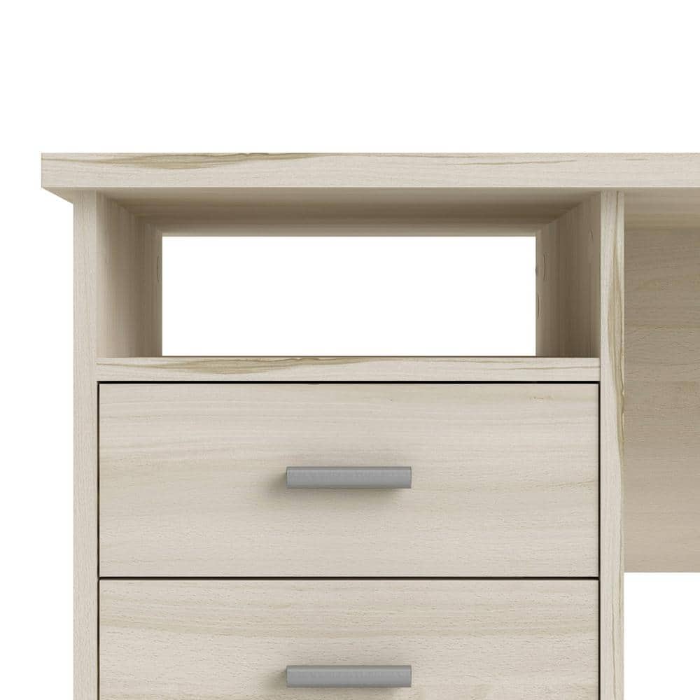Scandinavian Light Woodgrain Desk with Four Drawers and Open Shelf