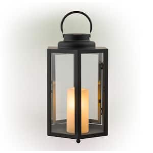 14" Tall Outdoor Hexagonal Battery-Operated Metal Lantern with LED Lights, Black