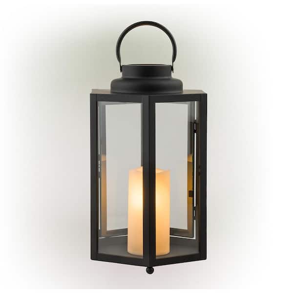 Alpine Corporation 14 in. Tall Outdoor Hexagonal Battery-Operated Metal Lantern with LED Lights, Black