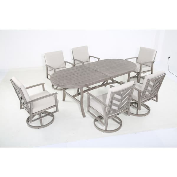 Amario 7-Piece Aluminum Outdoor Dining Set with Cast Silver Cushion, 6 Swivel Chairs and Oval Dining Table