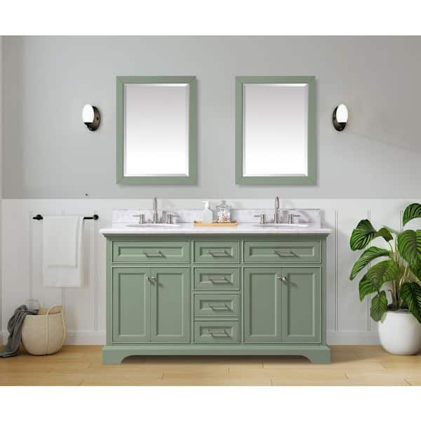 Home Decorators Collection Windlowe 61 in. W x 22 in. D x 35 in. H Bath  Vanity in Green with Carrera Marble Vanity Top in White with White Sink  15101-VS61C-SG - The Home Depot
