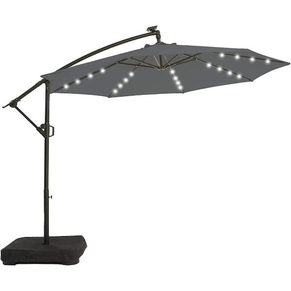 PASAMIC 10 ft. Aluminum Solar Patio Offset Umbrella Outdoor Cantilever Umbrella Hanging Umbrellas with Weighted Base Dark Grey