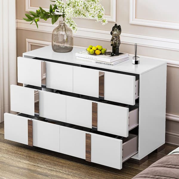 White 6-Drawers 47.20 in. W Storage Dresser with Metal Handle, Mirrored Storage Cabinet