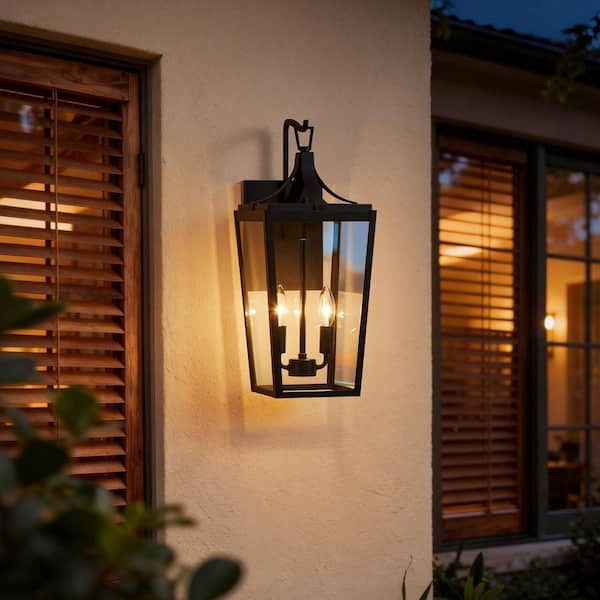 20. 1 in. 2-Light Sandy Black Lantern Outdoor Sconce Hardwired with Clear Tempered Glass, Bulbs Not Included
