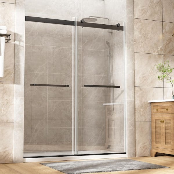 60 in. W x 75 in. H Double Sliding Frameless Shower Door in Matte Black with Tempered Glass, Double Buffer Soft-Closing
