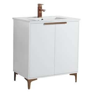 30 in. W x 18.5 in. D x 35.25 in. H Bath Vanity in White Matte with Rose Gold Hardware and White Ceramic Sink top